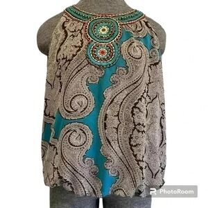 Boho Paisley Lined Teal Brown Beaded Embroidered Vintage Y2K Halter Top‎ L